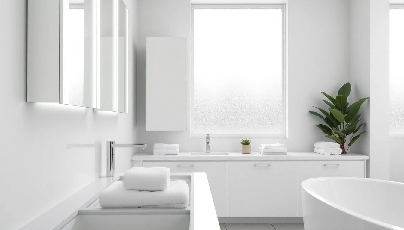 Stylish illuminated bathroom cabinets with modern design and natural light.