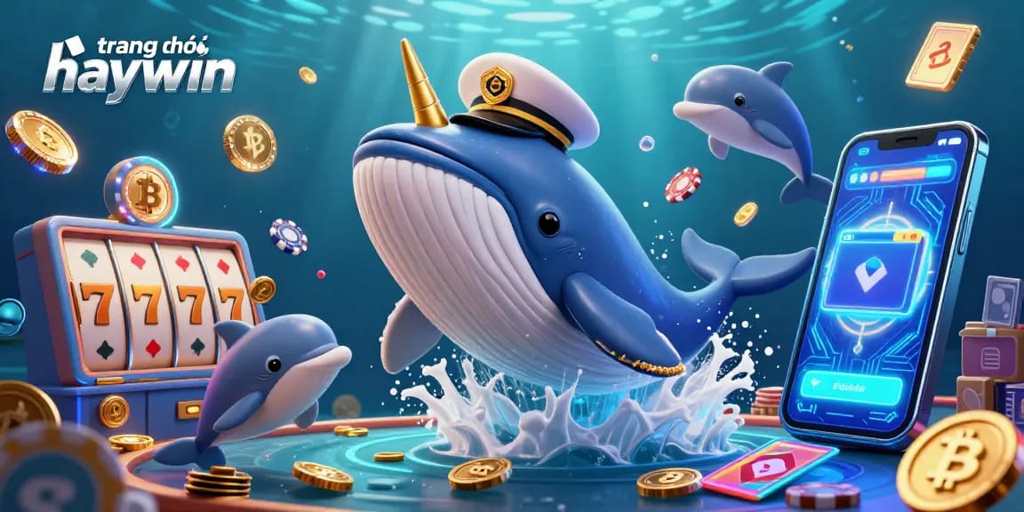 Win big at trang chủ haywin with a vibrant underwater casino scene featuring playful dolphins and a whale.