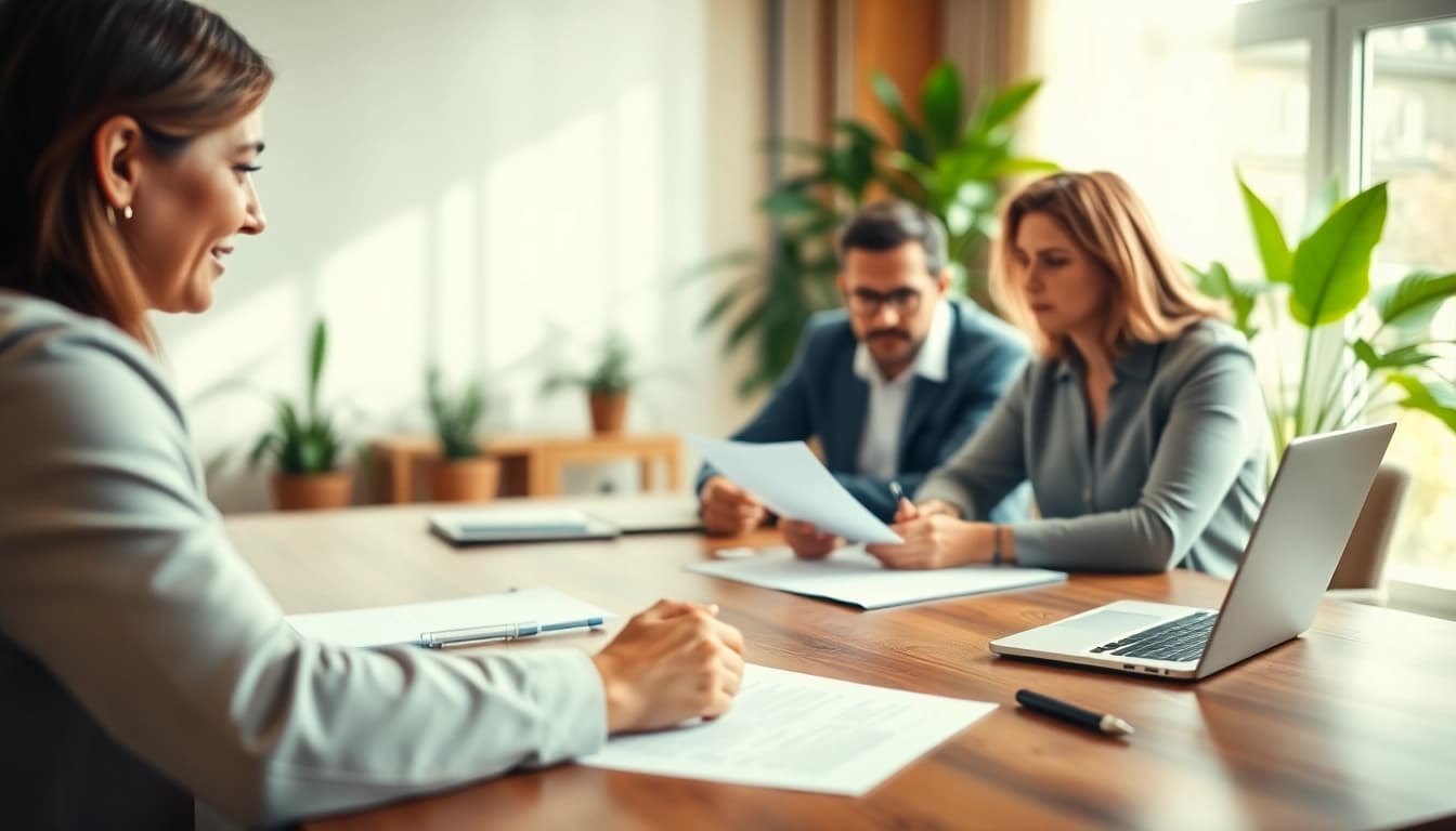 Engaging estate planning discussion among a family and their lawyer in a serene office.