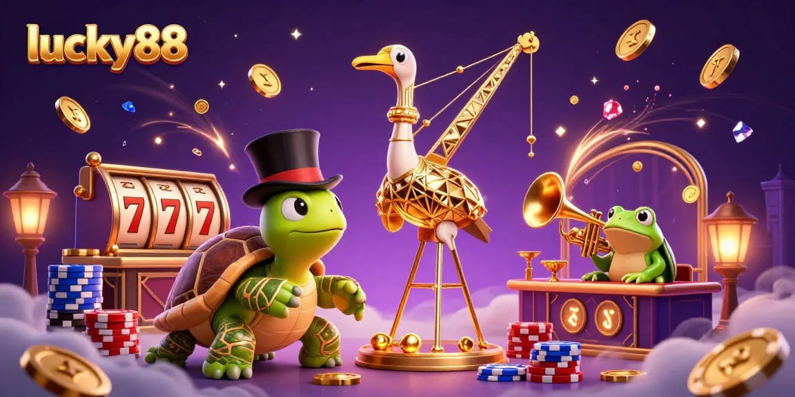Experience the excitement of lucky88 with a vibrant casino scene featuring animated characters and slot reels.