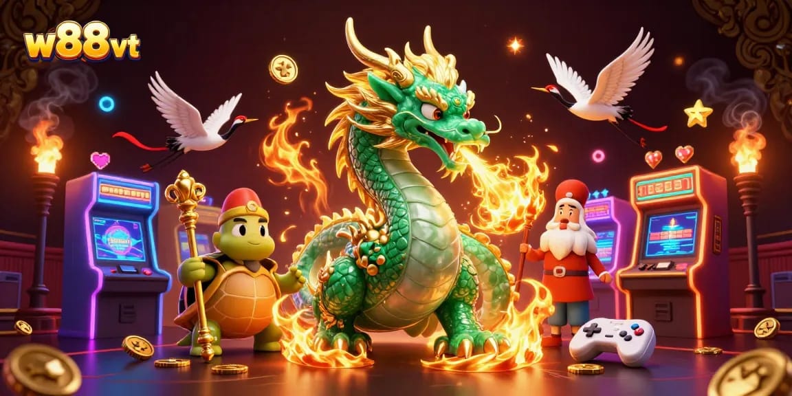 Trải nghiệm đáng nhớ tại w88 vt với hình ảnh rồng ngọc lục bảo và các trò chơi điện tử sôi động.