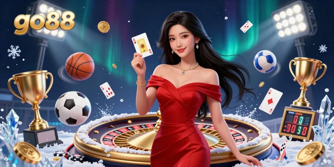 Play at go88 and experience a vibrant gaming atmosphere with a confident dealer and golden casino elements.