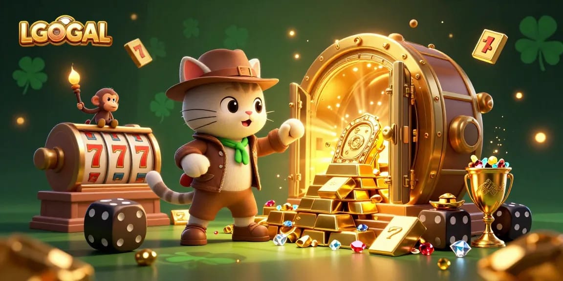 Experience thrilling adventures at LGOGOAL with a cartoon cat and monkey discovering casino treasures.