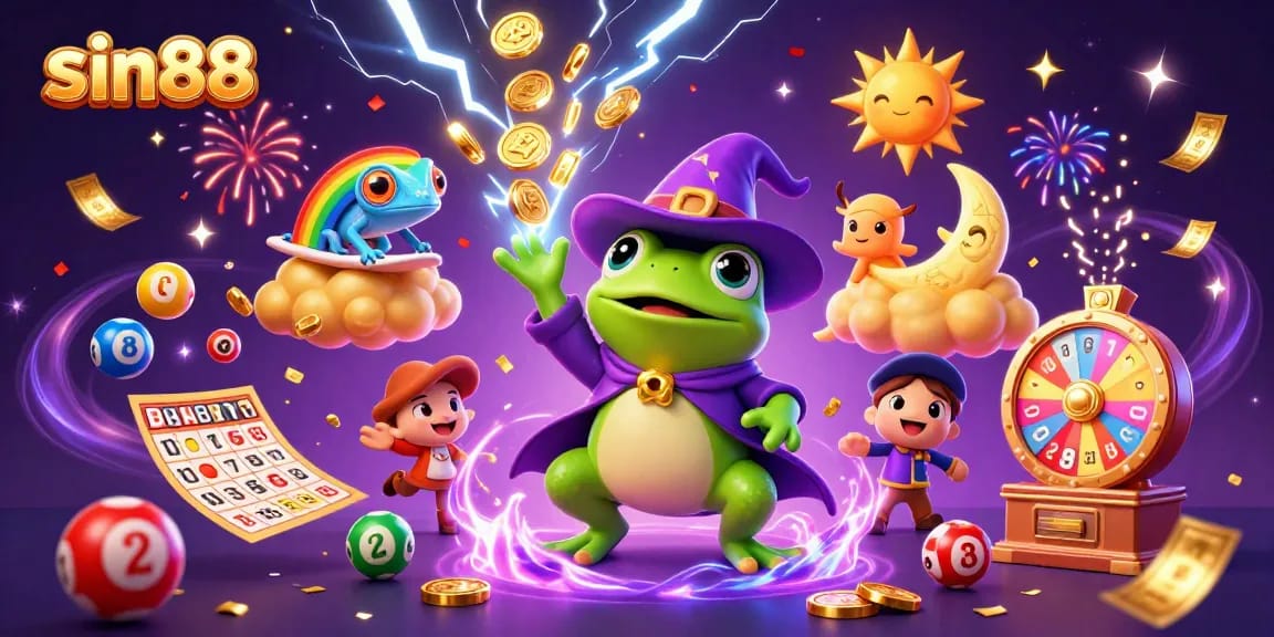 Experience exciting gameplay with sin88, where a weather wizard frog conjures golden coins amidst a vibrant casino scene.