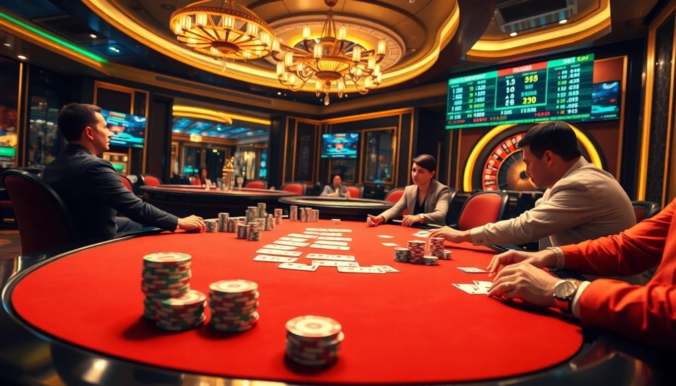 Players enjoying a thrilling poker game at a luxurious casino table featuring 789f-inspired betting odds.