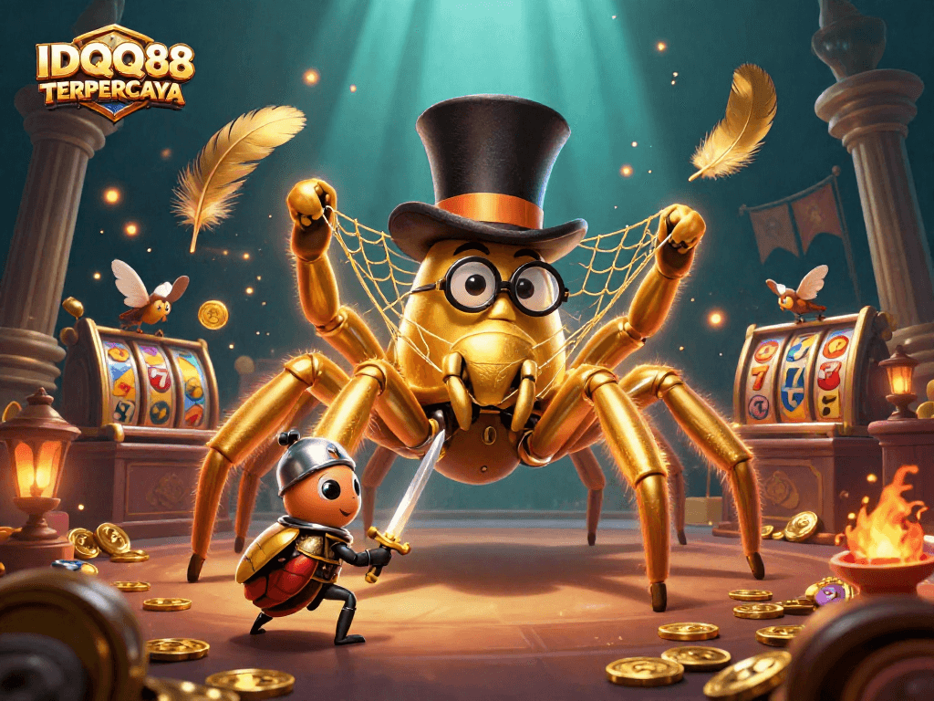 IDQQ88 TERPERCAYA showcases a dynamic casino scene featuring a golden tarantula and a beetle knight.