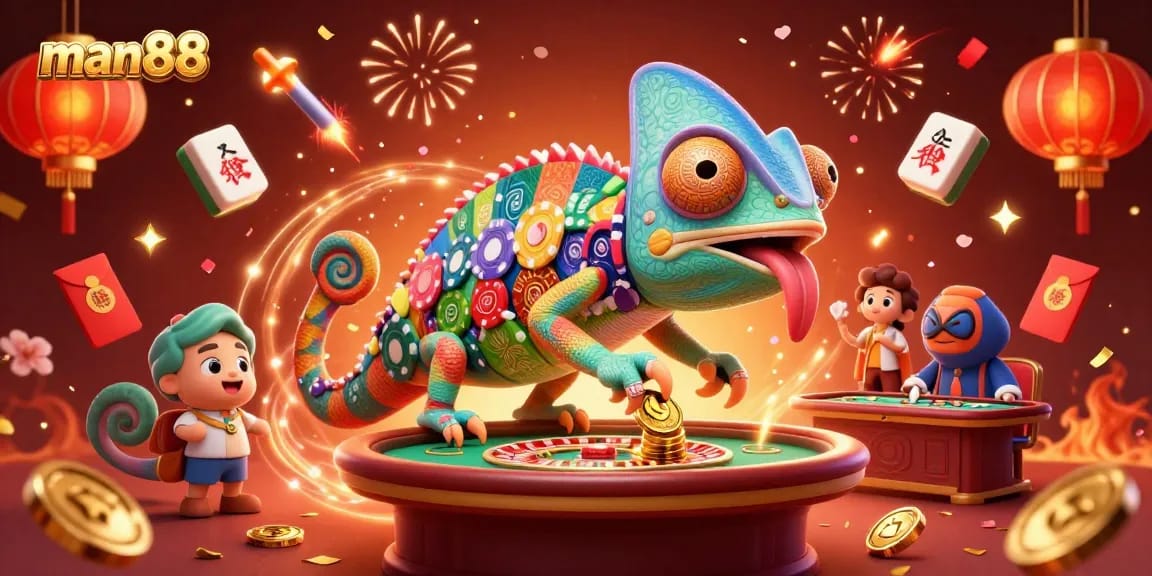 man88 captures the vibrant energy of casino gaming with joyful chameleon and dynamic elements.