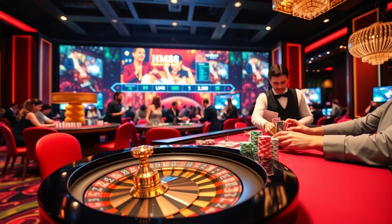 Players enjoying a vibrant HM88 casino experience with roulette and poker tables.