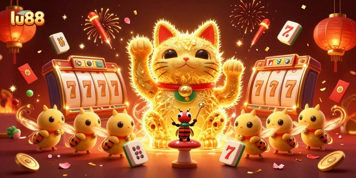 Engage with lu88's vibrant casino scene featuring a golden lucky cat and dynamic casino symbols.