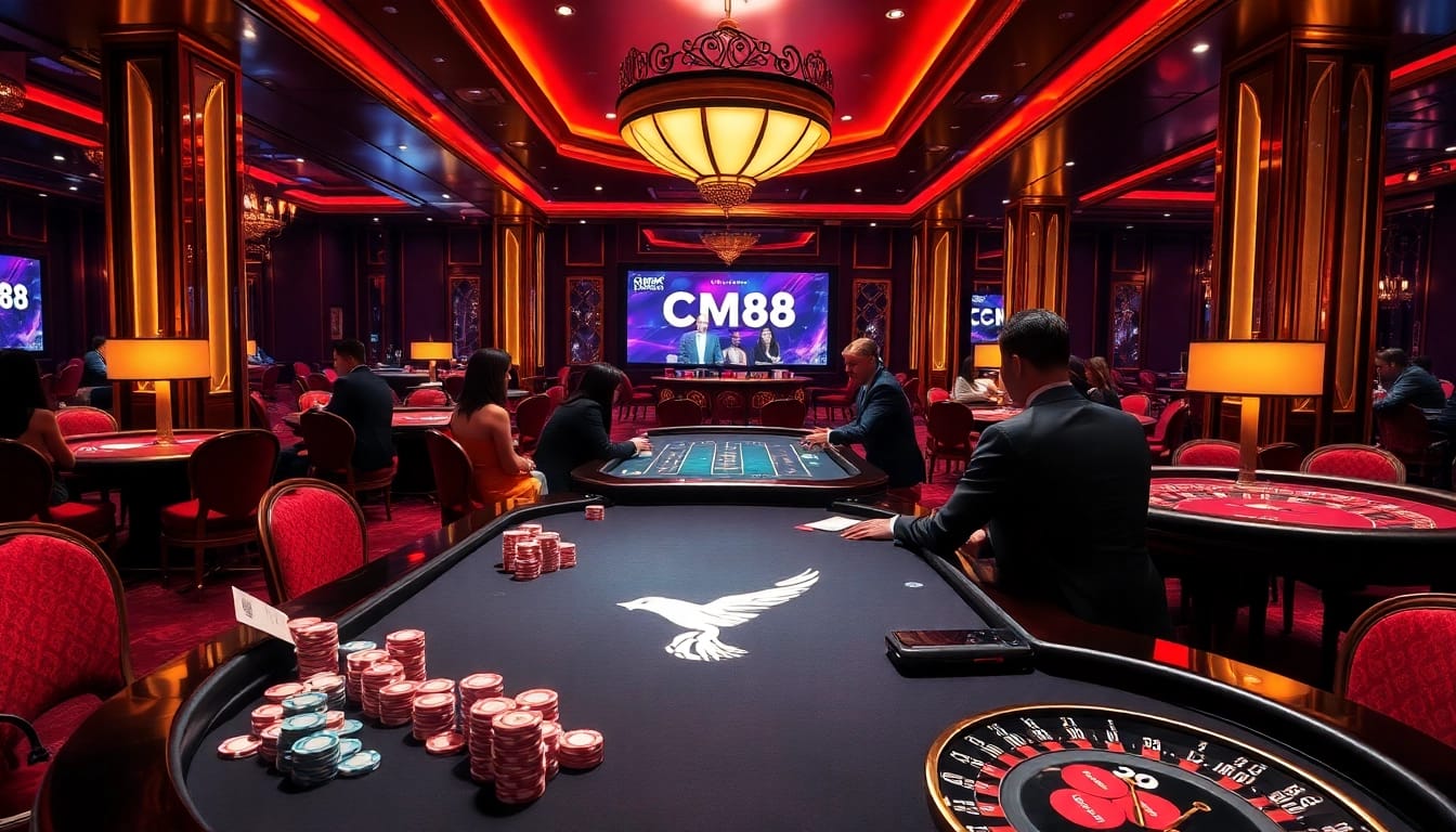 Experience the thrill of CM88 with vibrant casino tables showcasing high-stakes games and digital interfaces.