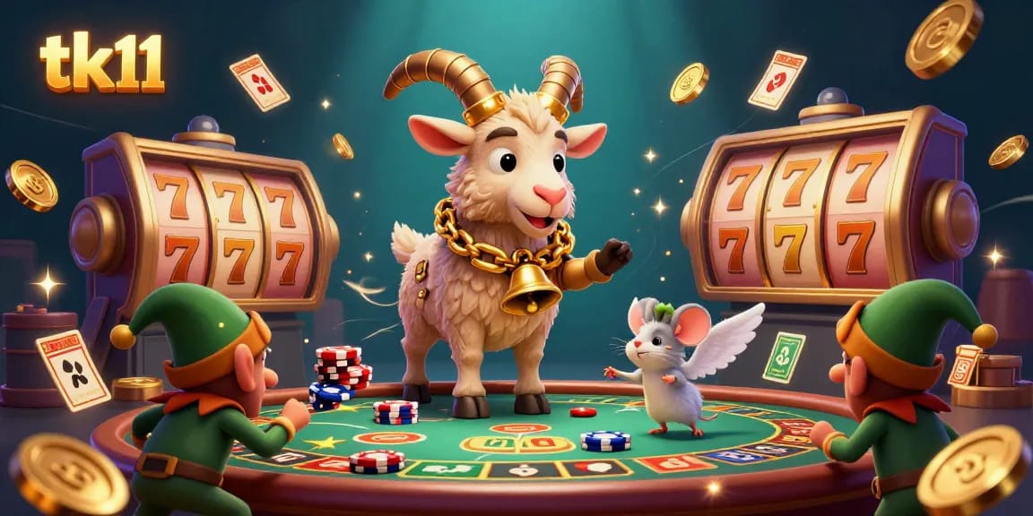 Engage with exciting gambling action at tk11, featuring a cartoon Krampus overseeing festive chaos with poker elements.