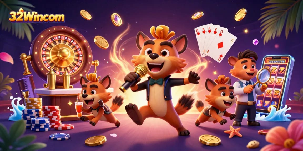 Engage with the vibrant 32Wincom comedy casino, featuring lively hyenas and rich game elements.