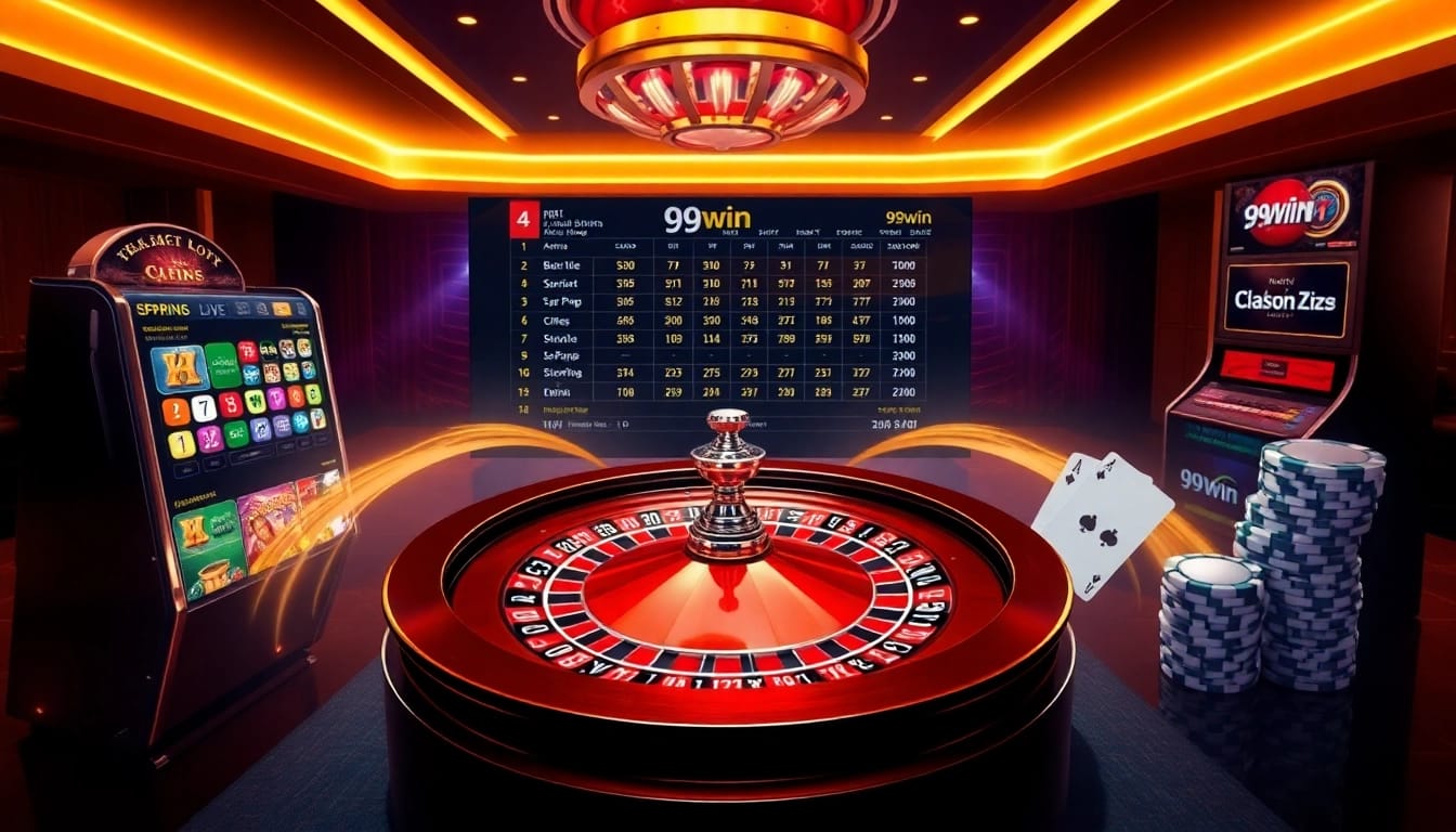 Exciting gaming experience at 99win casino with roulette and slot machines.