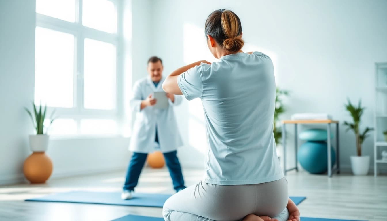 Relieve back pain with expert physiotherapy exercises demonstrated in a bright clinic.