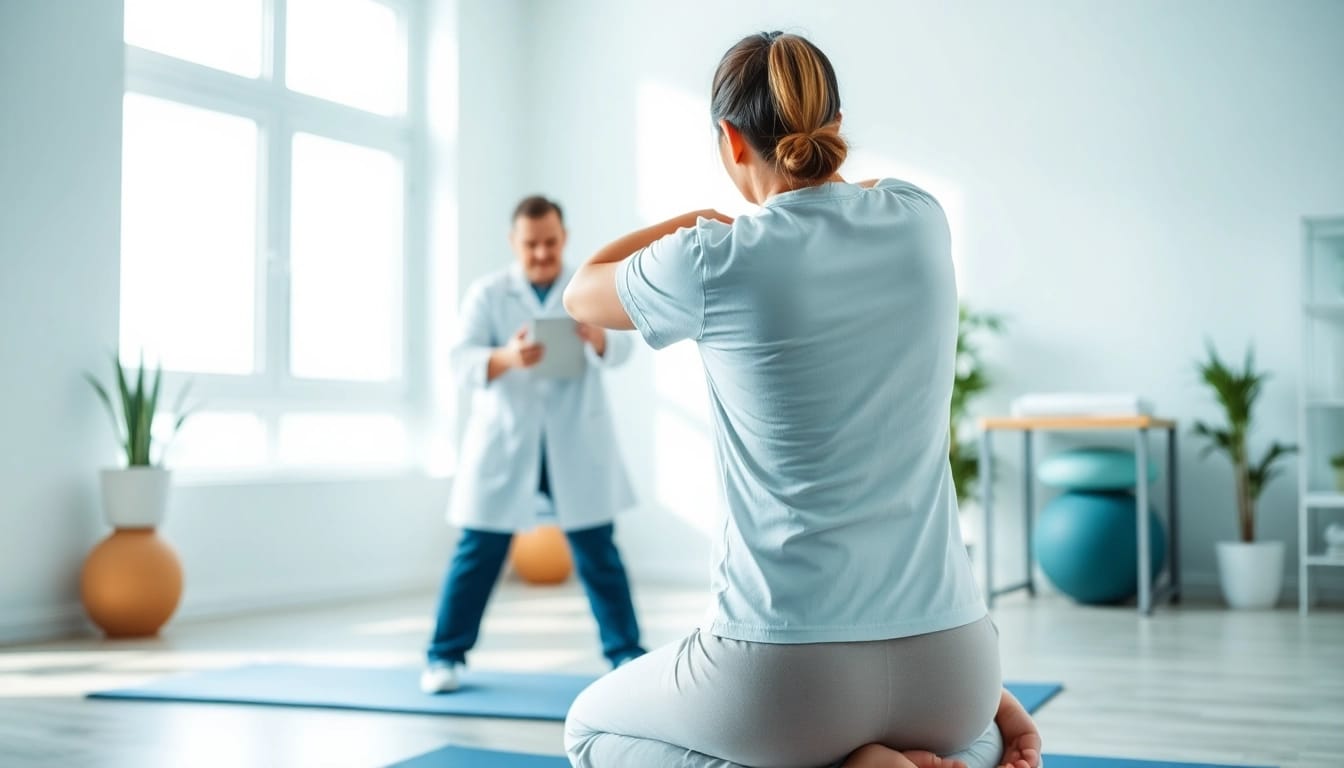 Relieve back pain with expert physiotherapy exercises demonstrated in a bright clinic.