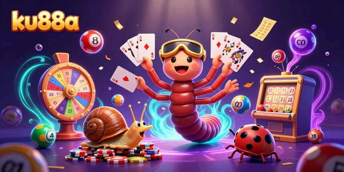 Experience thrilling gambling action with ku88a's vibrant casino scene featuring a cartoon dealer