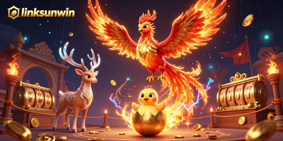 Engage with linksunwin's vibrant casino universe featuring a phoenix and mystical stag.