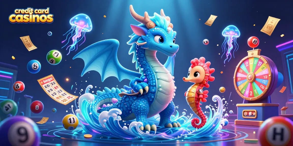 Experience exciting credit card casinos with a rich underwater scene of a dragon, seahorse knight, and jellyfish representing dynamic gambling action.