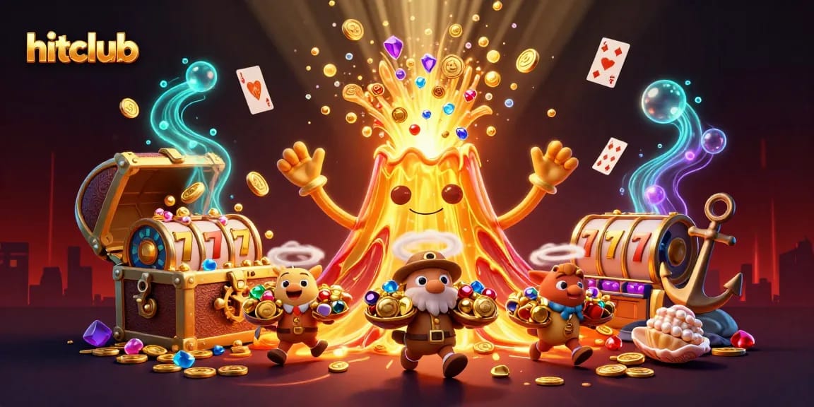 Join the hitclub adventure by winning jackpots amidst a vibrant casino treasure scene.