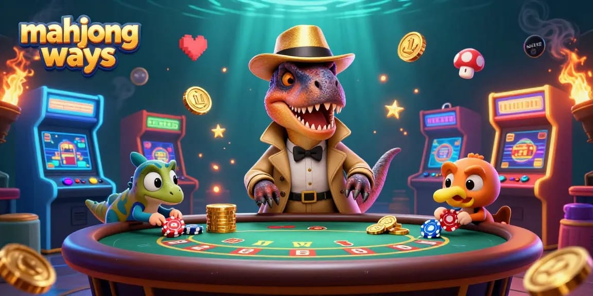 Play exciting mahjong ways with a cartoon velociraptor at a blackjack table surrounded by vibrant gaming elements.
