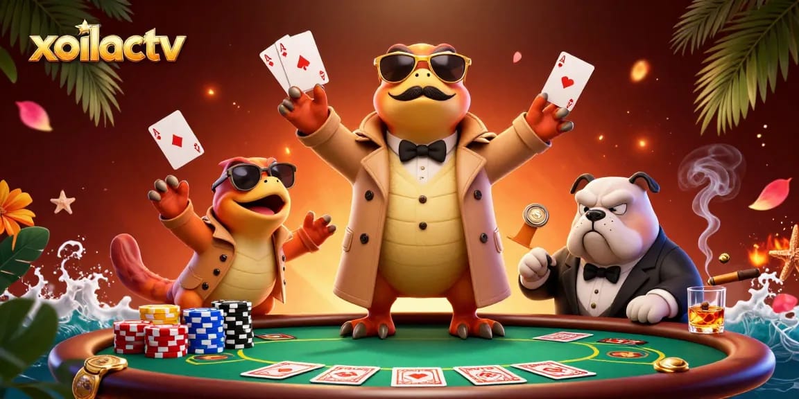 xoilactv's thrilling VIP casino scene features raptors in disguise, poker elements, and vibrant details.