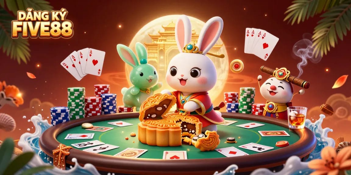 Engage in poker excitement with ĐĂNG KÝ FIVE88 illustrated by a moon rabbit and rich casino elements.