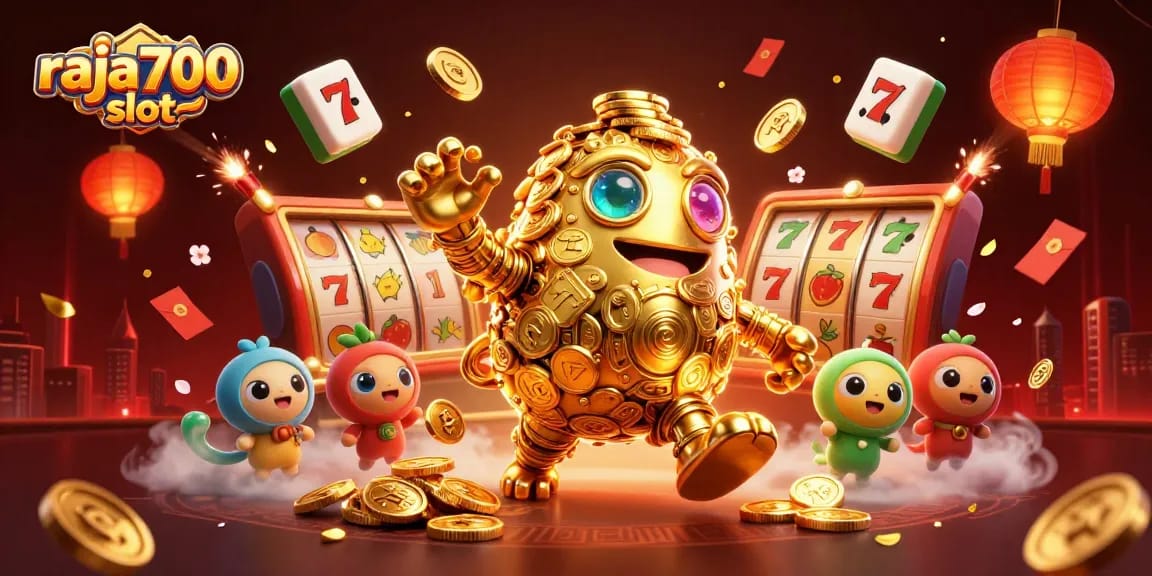 Menggoda peluang di raja700 slot dengan karakter golem emas dan elemen keberuntungan yang berkilau.