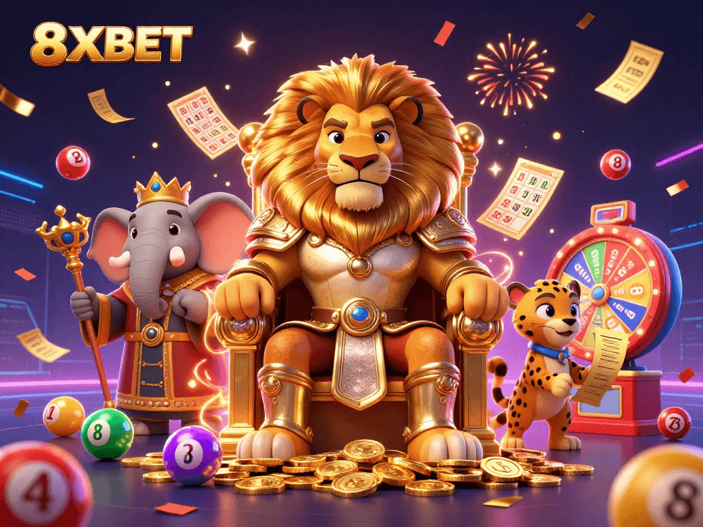 Catch exciting 8XBET lottery wins with a vibrant scene of games and rewards in a royal casino.