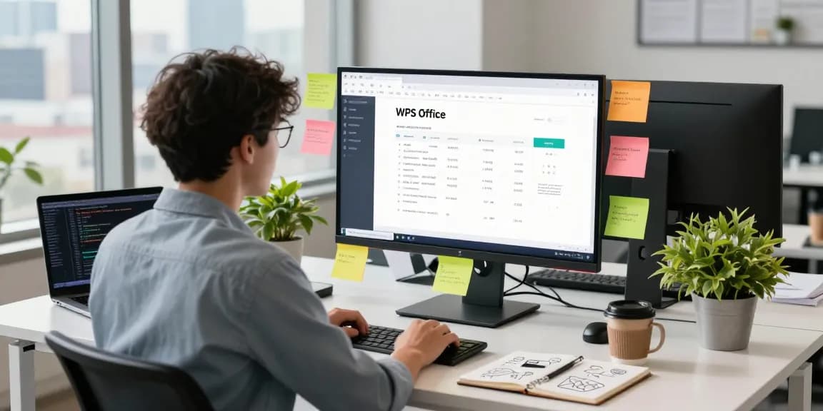 Download WPS Office interface on a large screen in a modern tech workspace.