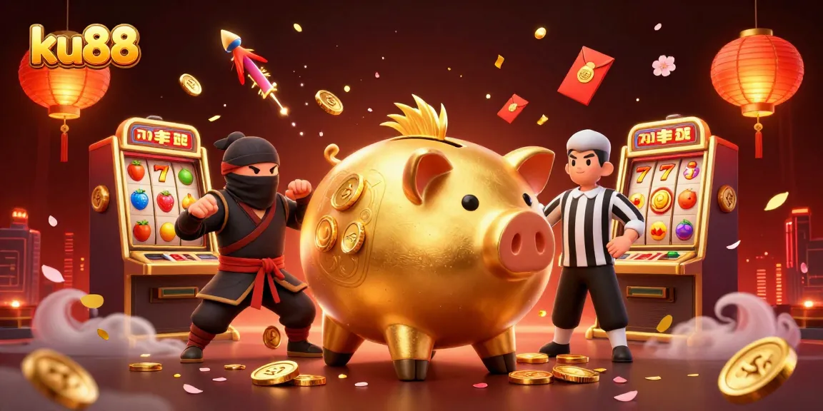 ku88 engaging in exciting slot games amidst falling coins and vibrant casino elements
