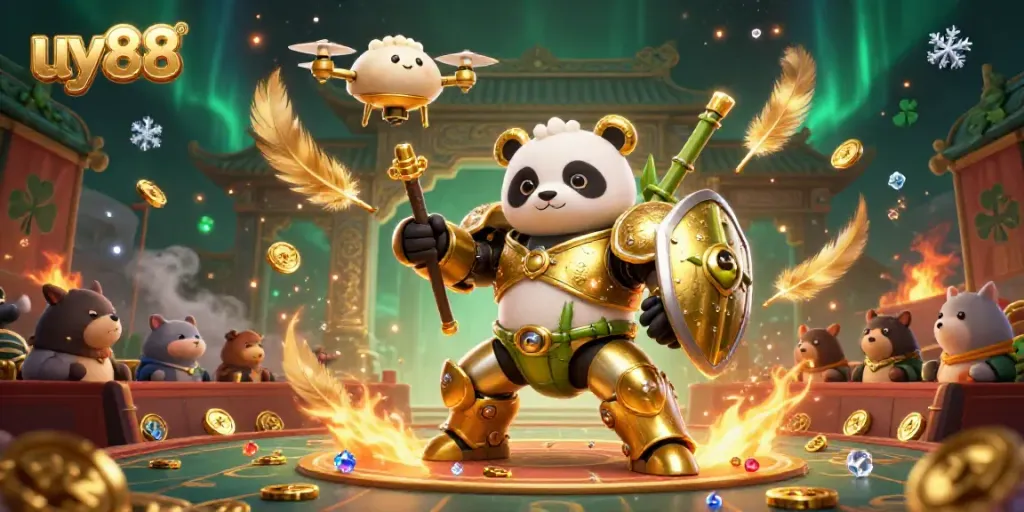 Engage in excitement at uy88 with a dynamic casino scene featuring a mech-suit panda and vibrant gambling elements.