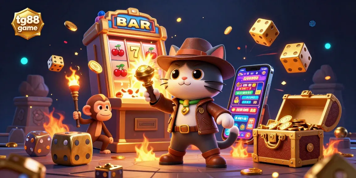 Engage with tg88 game in this dynamic 3D illustration of an archaeologist cat and monkey unlocking casino treasures.