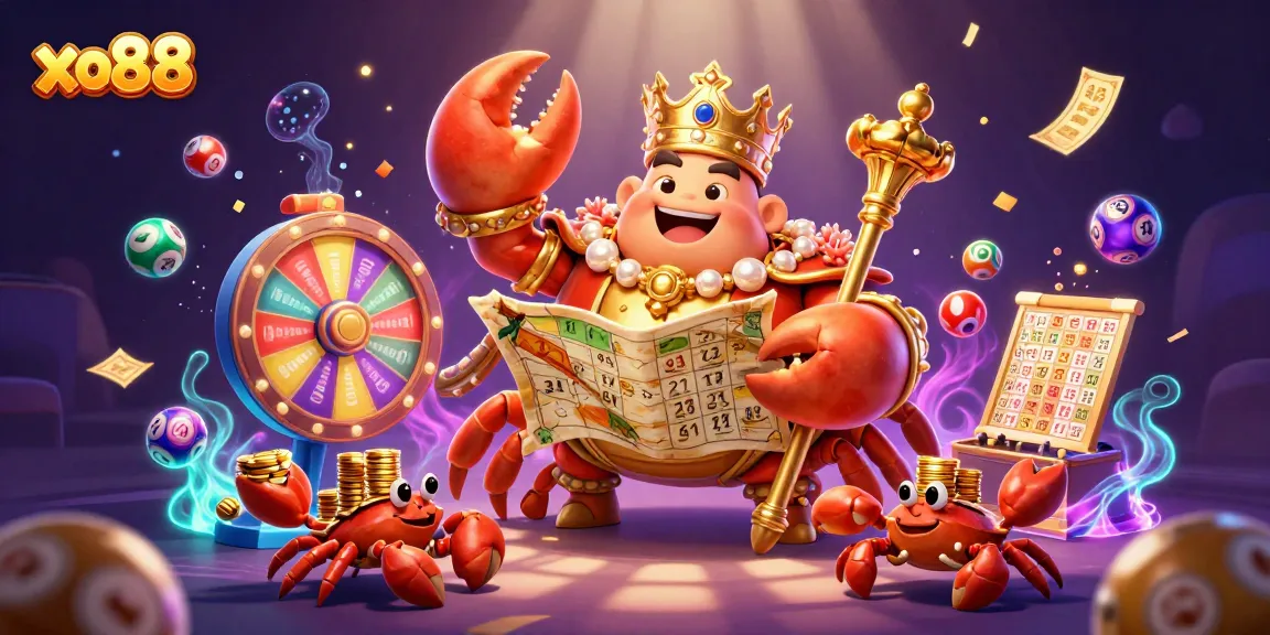 Spin to win at xo88 with the golden crab emperor and vibrant lottery elements surrounded by excitement.