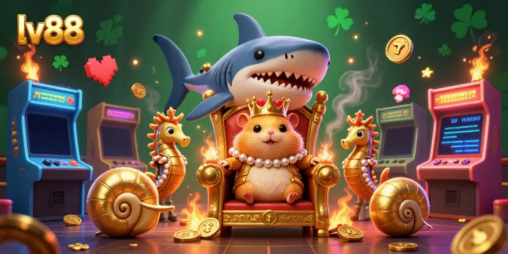 Experience the vibrant lv88 casino atmosphere with a golden hamster king and colorful arcade game machines.