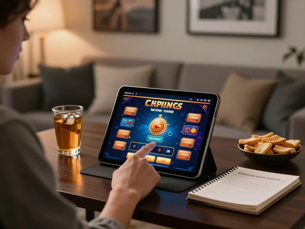 Player engaged in online gambling experience at home, featuring the lienminhkjc tablet interface and cozy setup.