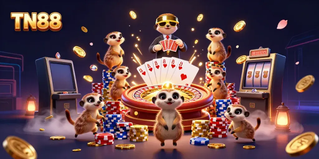 Engage with TN88 at a vibrant casino scene featuring meerkats handling games and excitement.