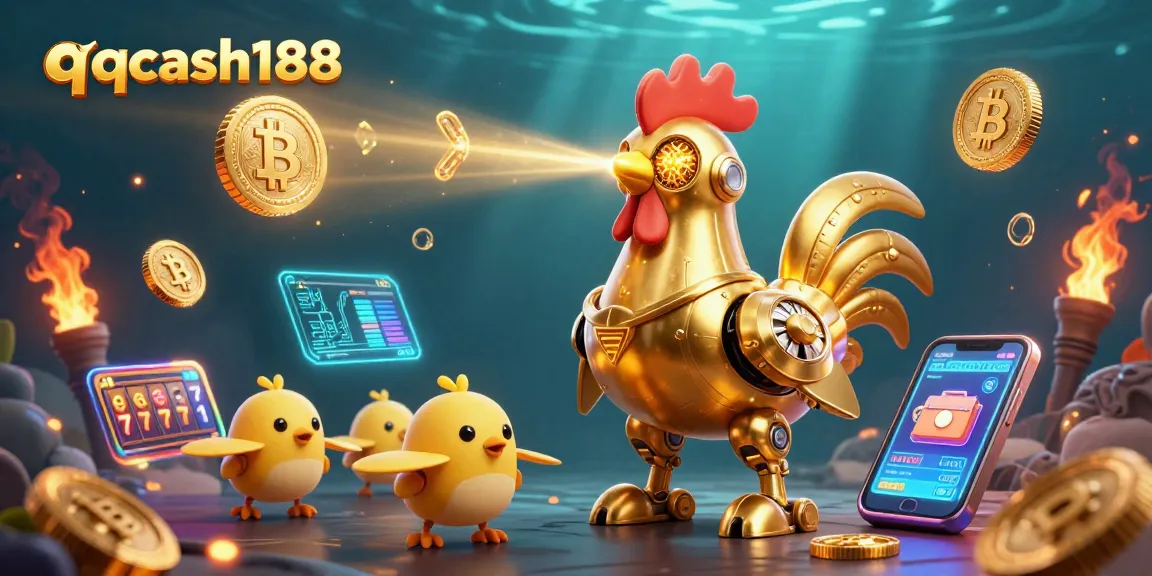 Engage with qqcash188 through thrilling slot games illustrated with vibrant 3D characters and crypto elements.