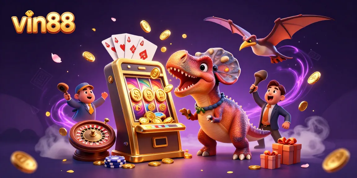 vin88 celebrates big wins with a pachycephalosaurus jackpot scene in a vibrant casino.