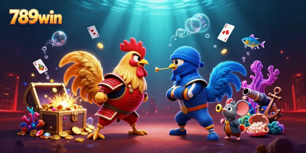 Immerse in a 789win showdown between samurai and ninja roosters amidst a treasure-filled casino scene.