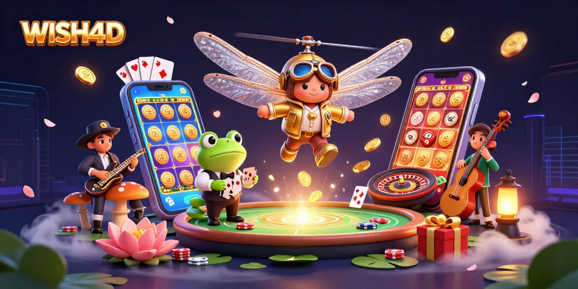 Engage with WISH4D at the vibrant lily pad casino featuring a dragonfly pilot and frog croupier.