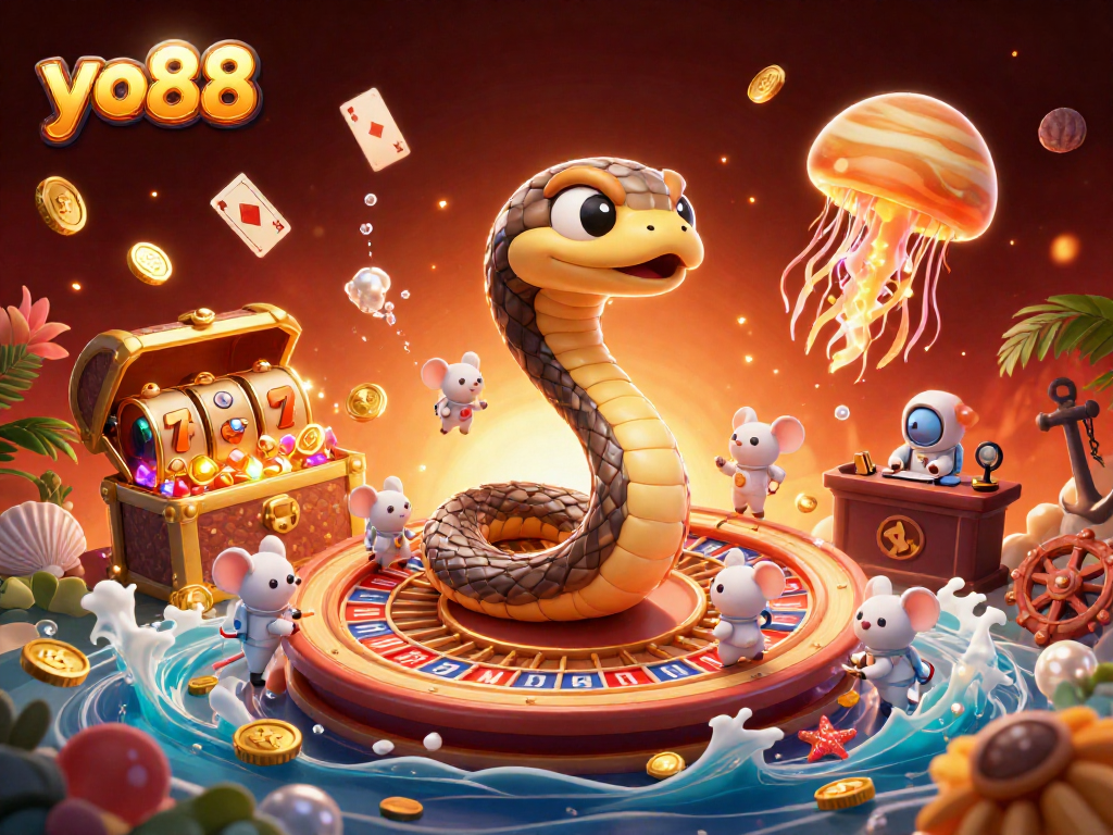 Experience winning spins with the yo88 casino's Saturn ring snake and cosmic dealer amidst vibrant 3D elements.