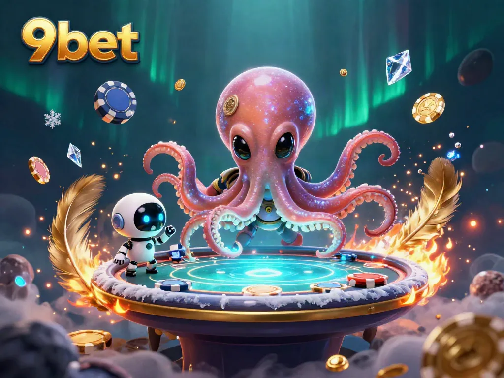 Engage with the vibrant 9bet world featuring an alien octopus at an interactive poker table.