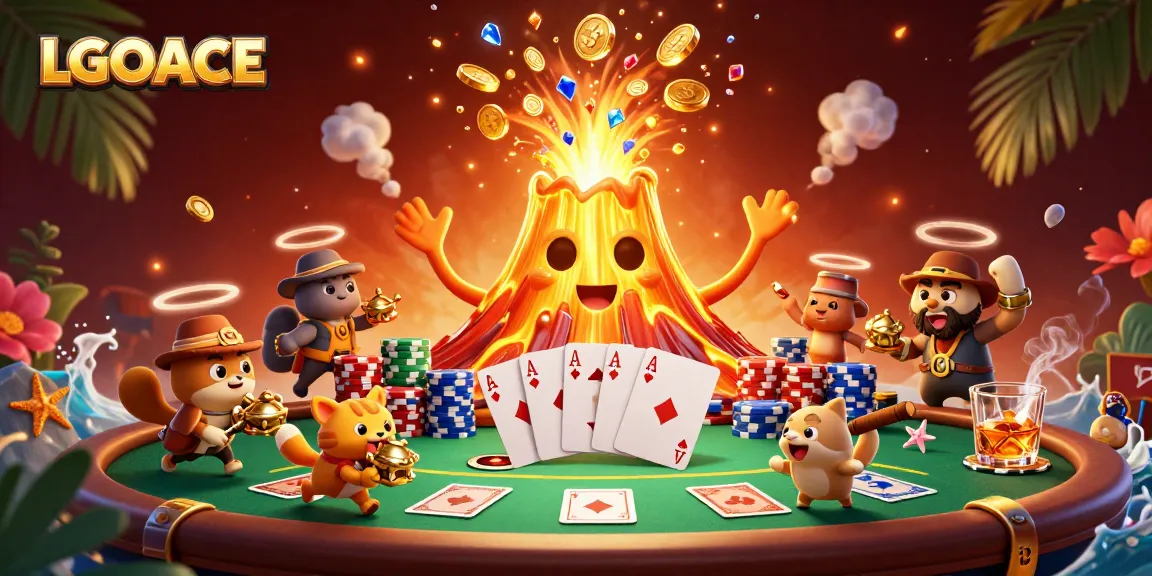 LGOACE showcases a vibrant 3D volcano erupting with treasure, surrounded by casino elements for ultimate fun.