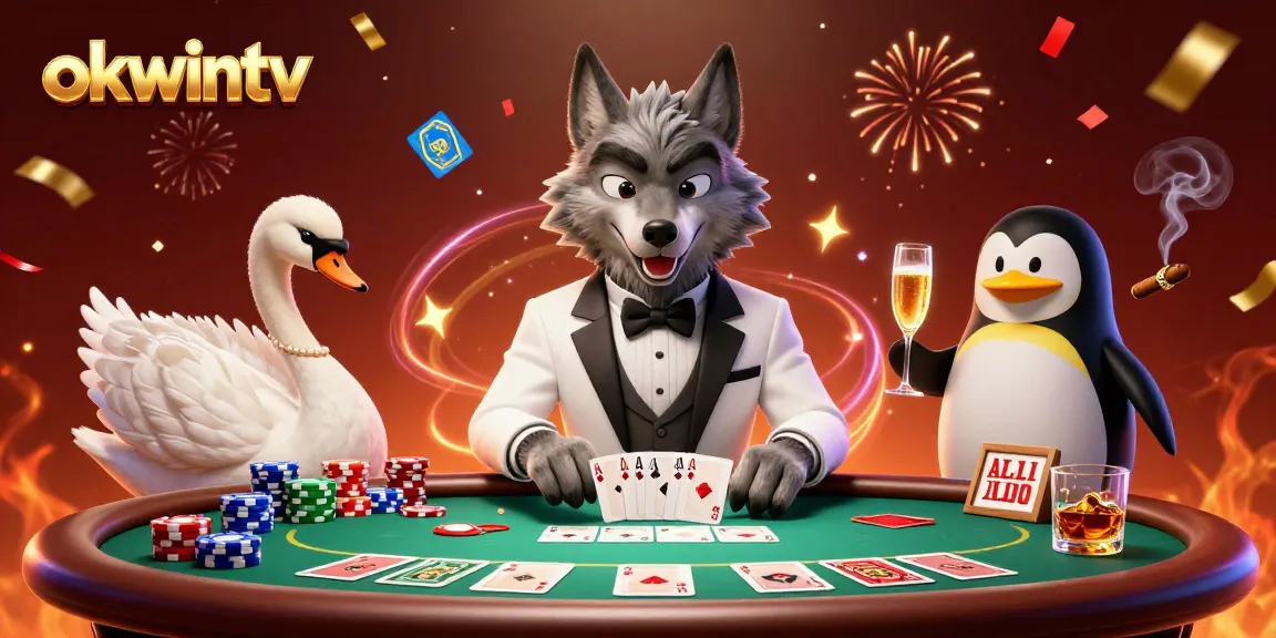Engaging scene of okwintv with a debonair wolf, swan dealer, and champagne-pouring penguin in a vibrant casino setting.