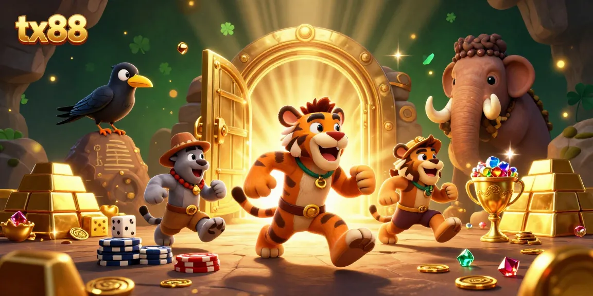 Experience thrilling gameplay at tx88 with cavemen and treasures in a bustling prehistoric casino illustration.