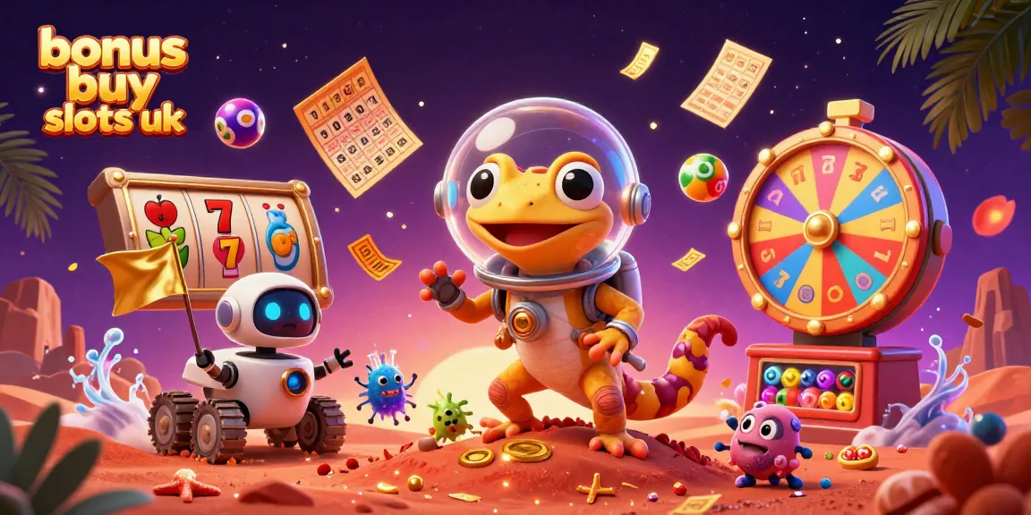 Play exciting bonus buy slots UK with a Martian gecko in a vibrant casino scene.