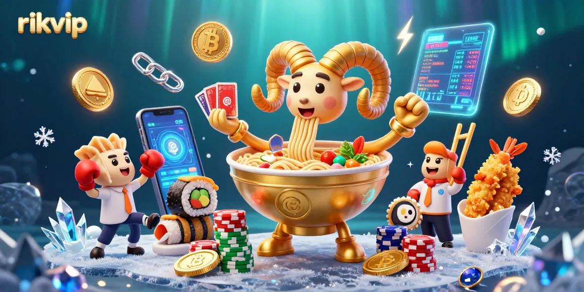 Engage with exciting casino action at rikvip featuring a vibrant golden ramen bowl dealer and crypto elements.