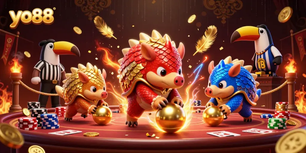 Engage with yo88 as rival pangolins roll through poker chips in a vibrant casino scene.
