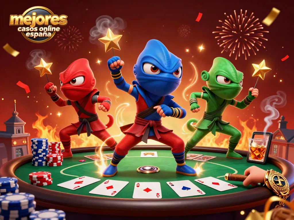 Mejores casinos online España: Chameleones ninja en acción rodeados de fichas y cartas.