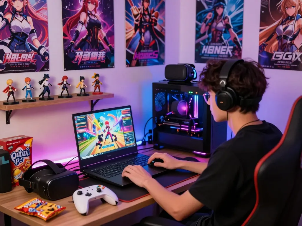 Immersive gaming scene featuring a player engaged with a vibrant hentai game on a laptop in a colorful room.